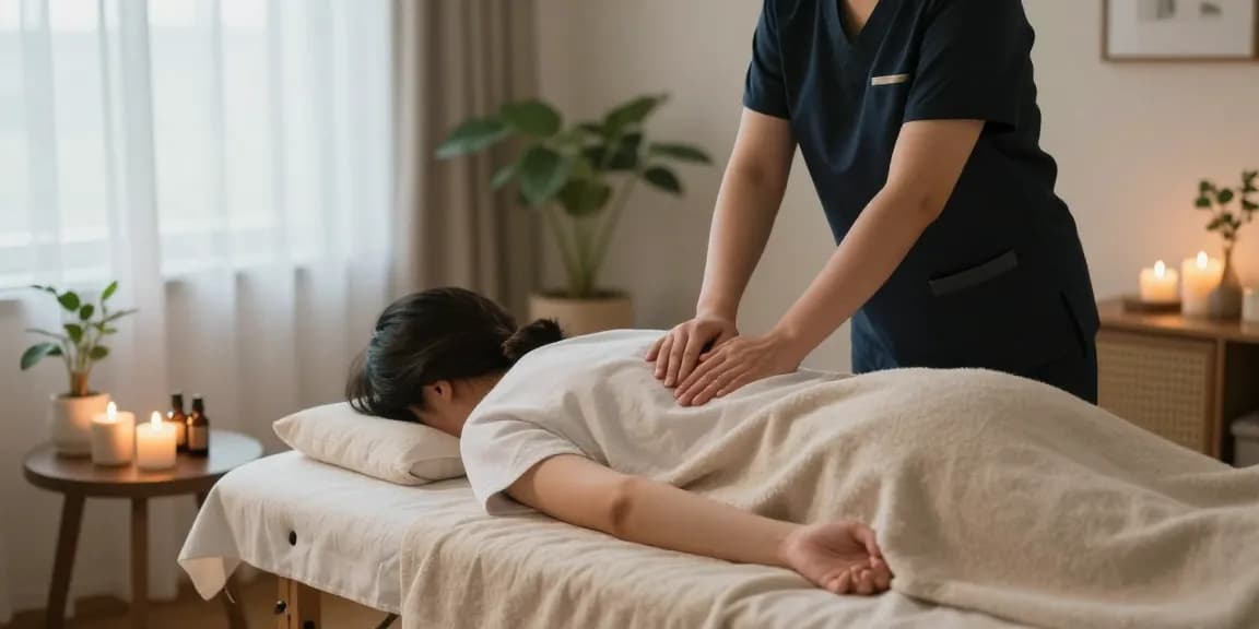 금천구출장마사지 in a tranquil home setting, therapist providing relaxation therapy.