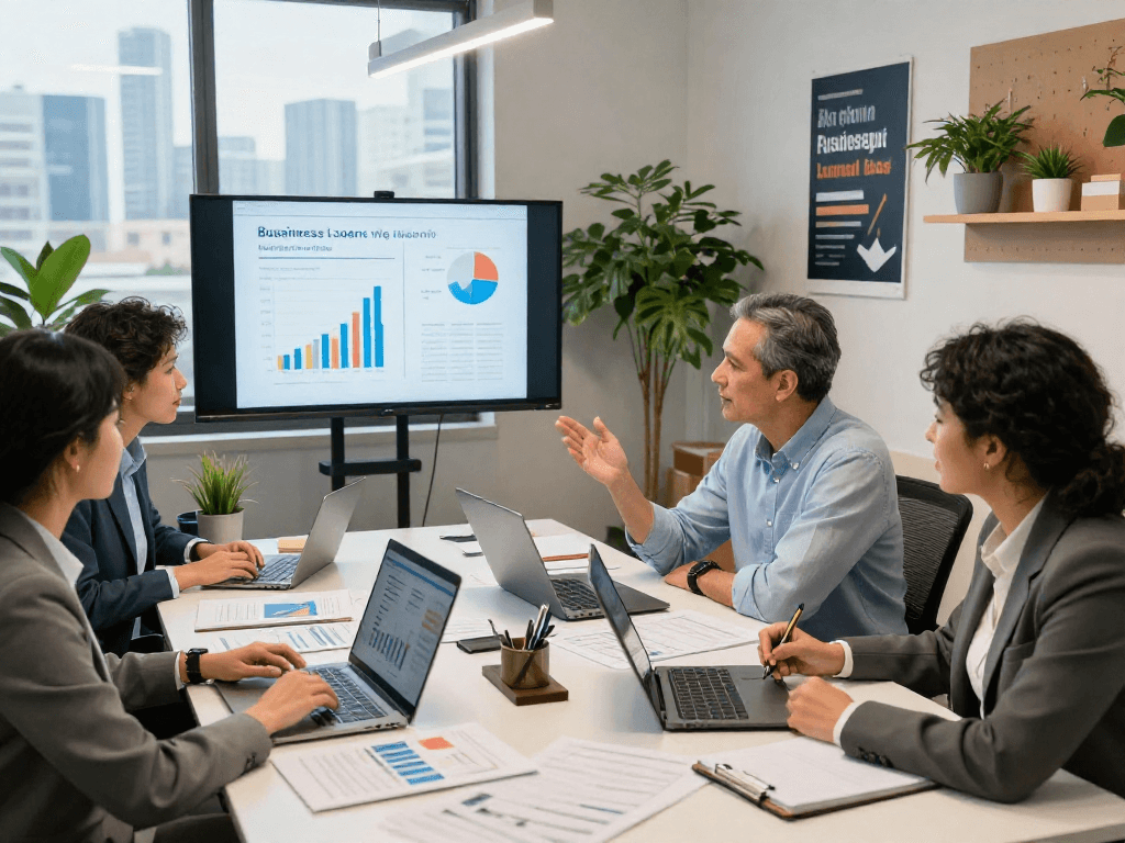 Zakelijke lening samenwerking tussen ondernemers in een moderne kantoorruimte met laptops en financiële documenten.