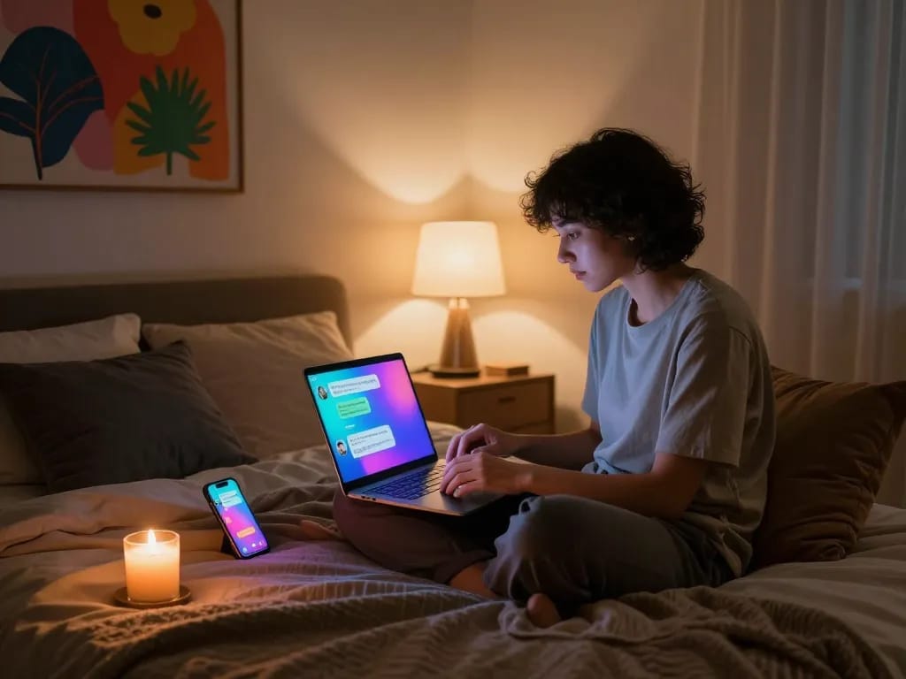 Engaging in 18+ ai chat in a cozy bedroom environment, showcasing intimate digital interaction.