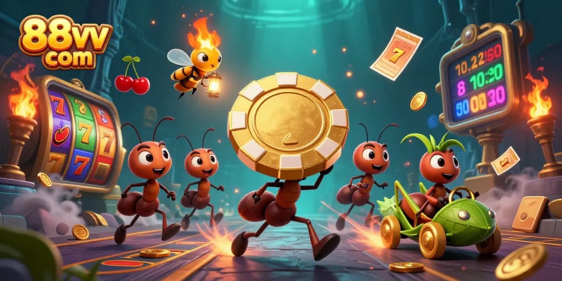 Watch as ants steal a giant poker chip in this 88vv com casino heist illustration.
