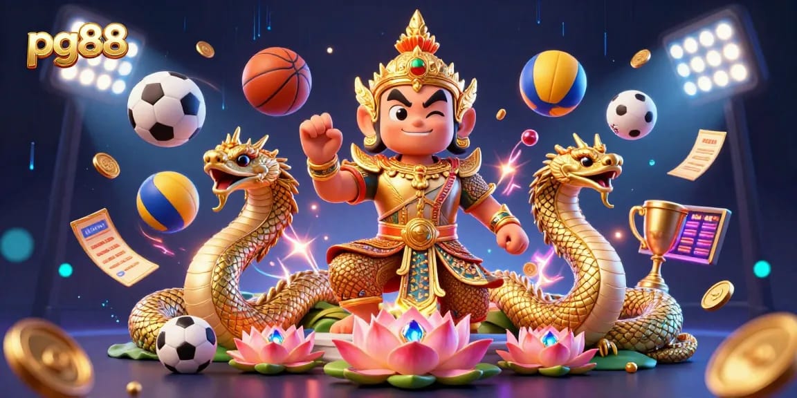 Experience pg88's vibrant gambling action with a friendly yaksha guardian and Naga companions amidst dynamic sports elements.