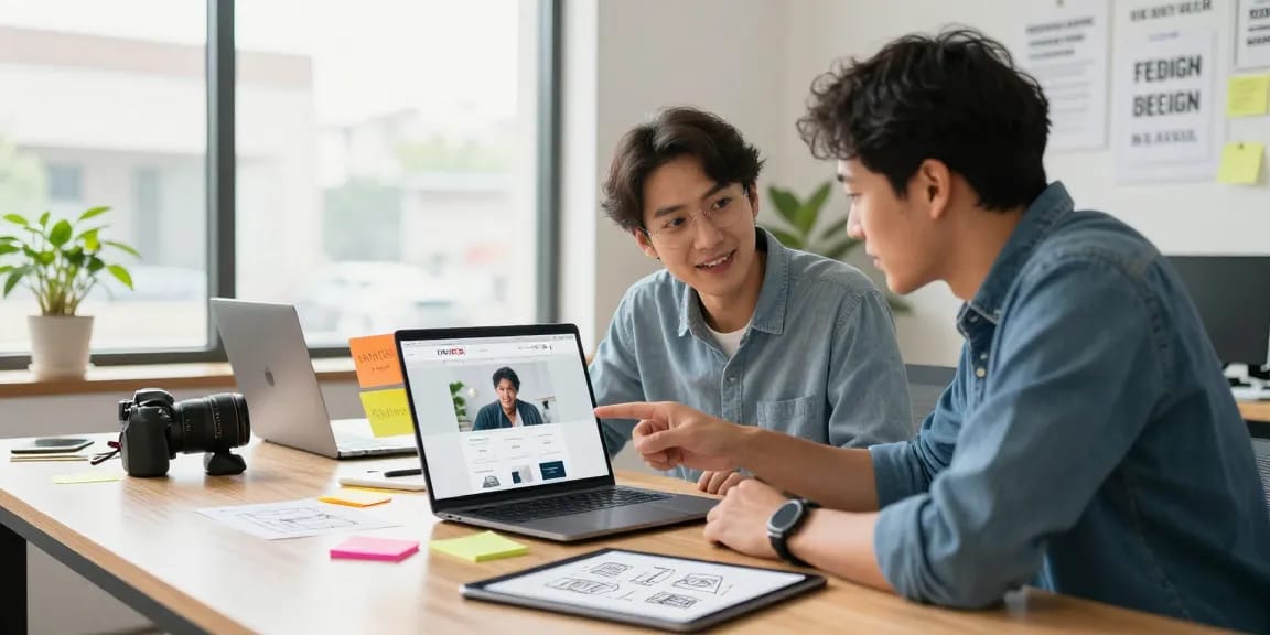 Website laten bouwen met een professioneel team dat op maat gemaakte indelingen ontwerpt in een lichte kantooromgeving.