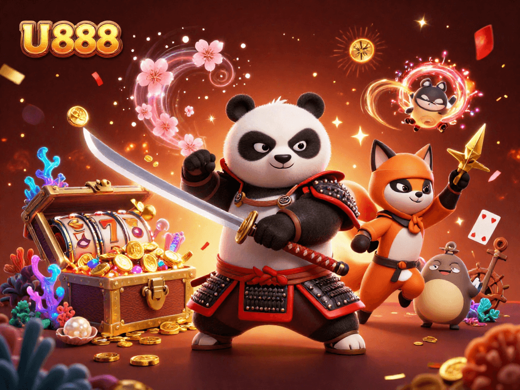 Experience the thrill of U 888 casino with samurai panda and ninja fox in a vibrant gaming scene.