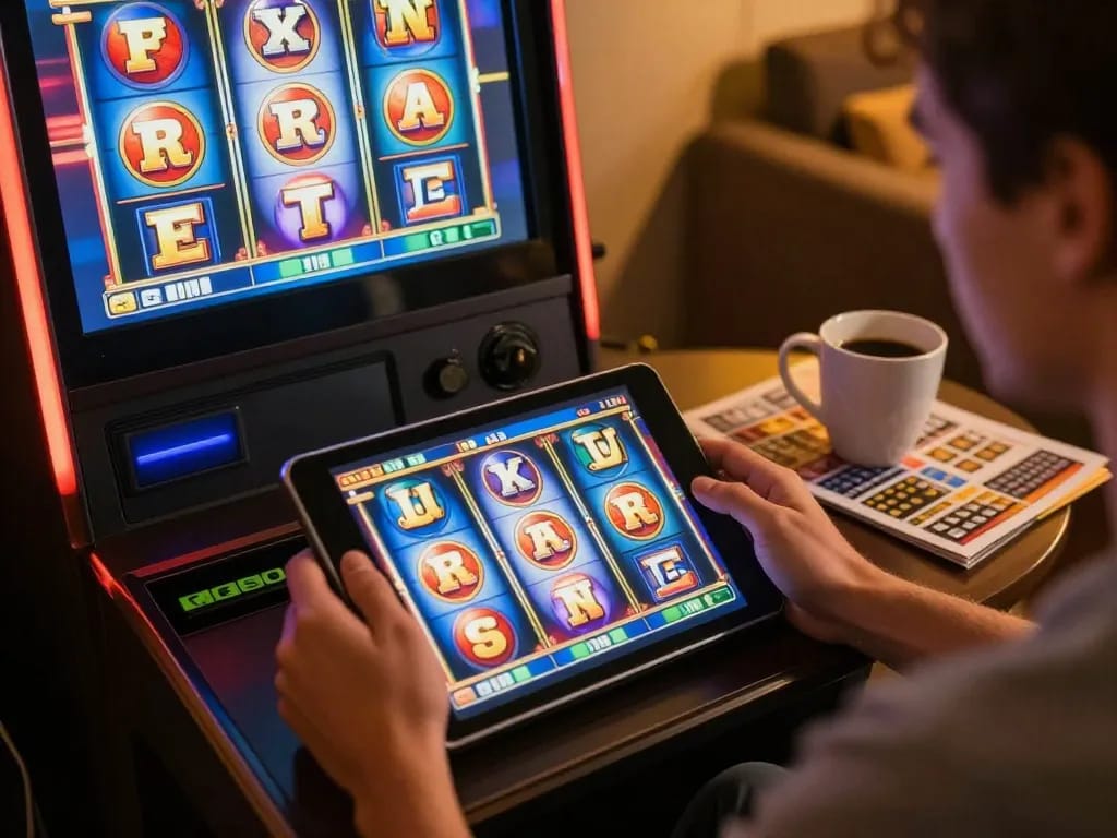 Player spinning slot pulsa game on tablet in cozy home setting with strategic elements.