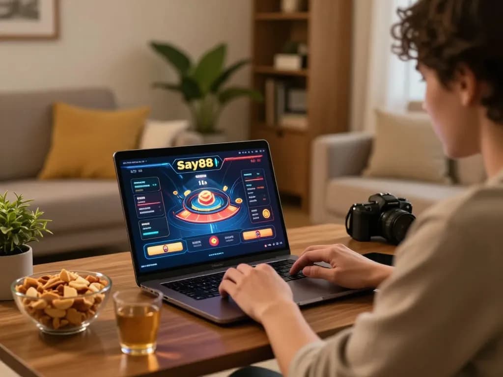 Engaged user playing poker at home with Say88 online casino interface on laptop