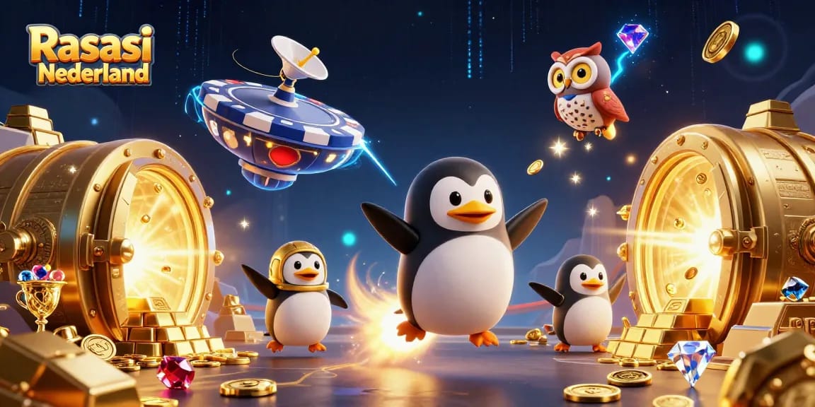 Experience Rasasi Nederland's vibrant casino atmosphere with a golden penguin soaring through treasures.