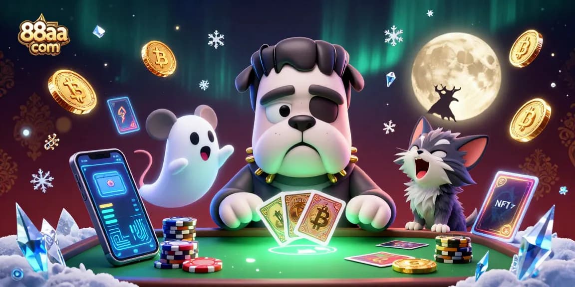 Engage with 88aa com as a Frankenstein bulldog monster deals cards amidst a vibrant crypto casino.