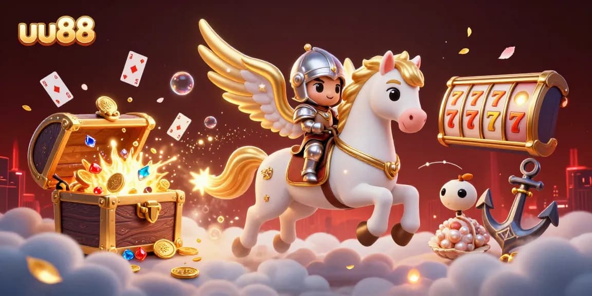 uu88 offers an exciting casino experience with a celestial horse and knight amidst treasures and gaming elements.