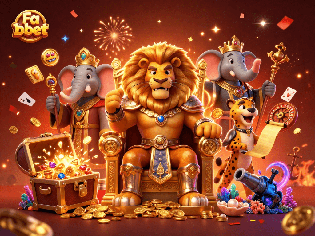 Experience the excitement of Fa bet with the lion king and friends in a vibrant casino scene.