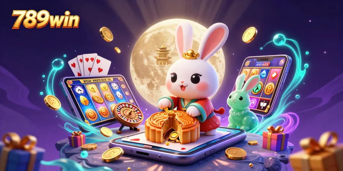 Experience thrilling gaming at 789win with a moon rabbit revealing poker chips and slot games.