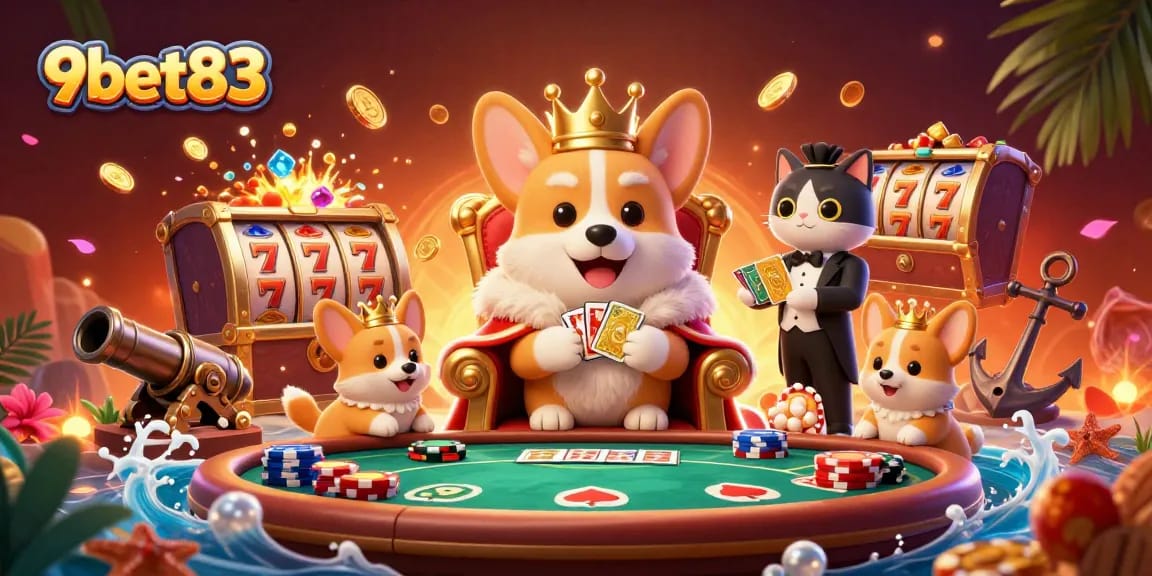 Engaging scene of 9bet83's royal corgi surrounded by vibrant gaming elements and a cat butler.