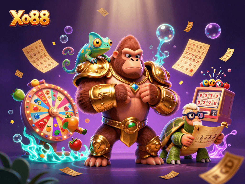 Xo88 offers thrilling casino experiences with a dynamic illustration of a gorilla, chameleon, and tortoise amidst gambling elements.