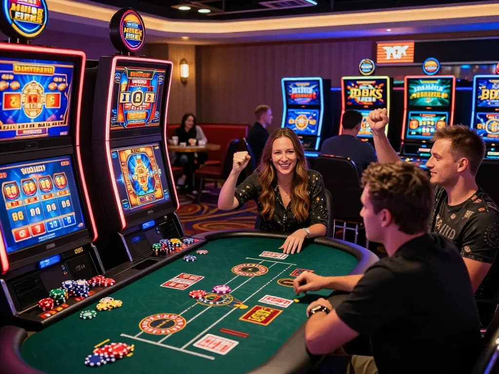 Experience the thrill of online gaming with MM88, featuring vibrant casino scenes with players enjoying games and exciting wins.