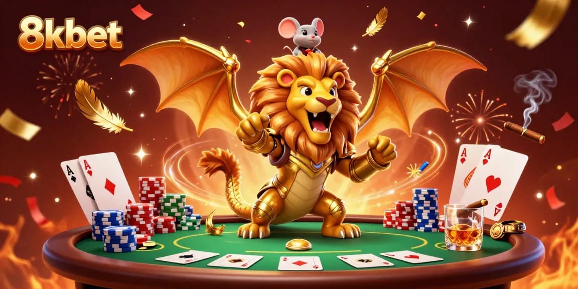 Join the excitement at 8kbet with a vibrant, animated casino scene showcasing a powerful chimera and engaging poker elements.