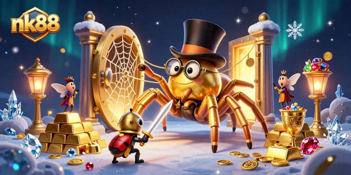 Game for riches at nk88 with a golden tarantula, beetle knight, and treasures.