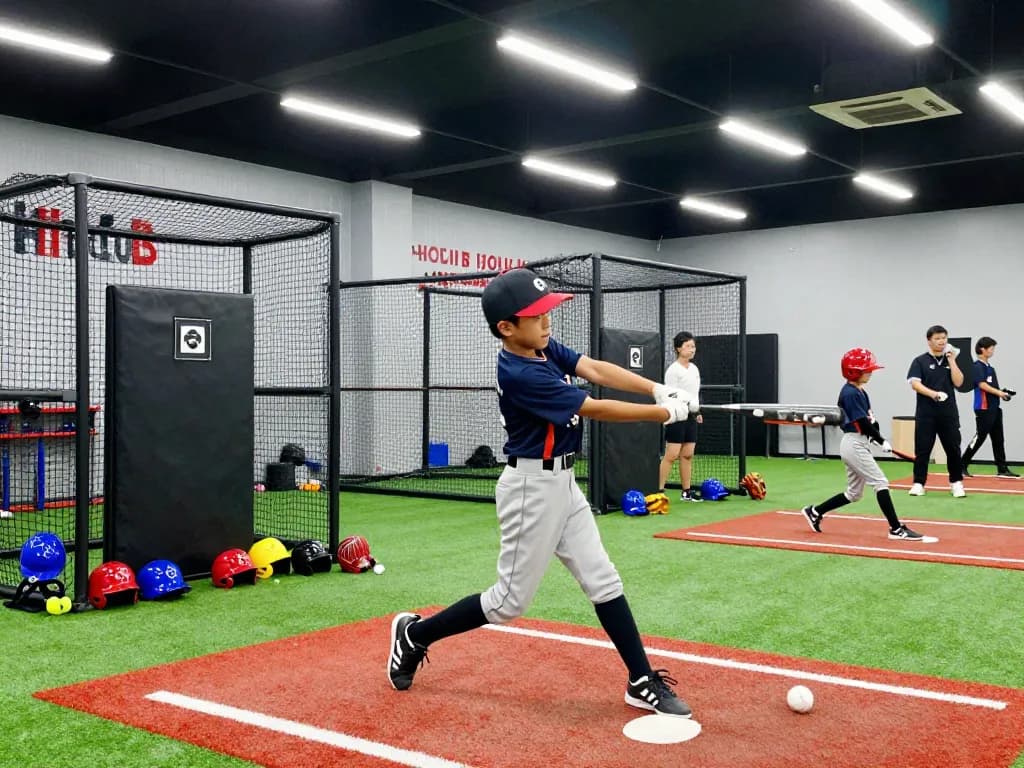 Hitclub baseball training scene with young athlete practicing swing in bright indoor facility.