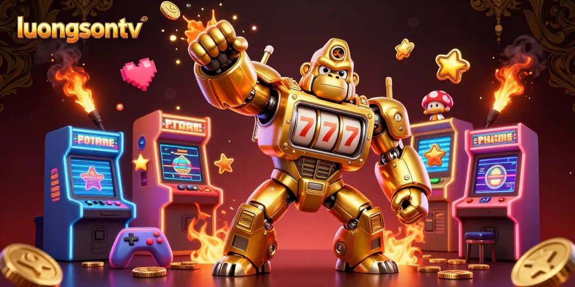 Experience thrilling wins at luongsontv with an explosive golden gorilla mech celebrating success in a vibrant gambling scene.