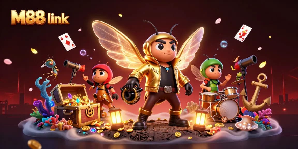 Experience M88 link excitement with a vibrant 3D scene of colorful characters, coins, and casino elements.