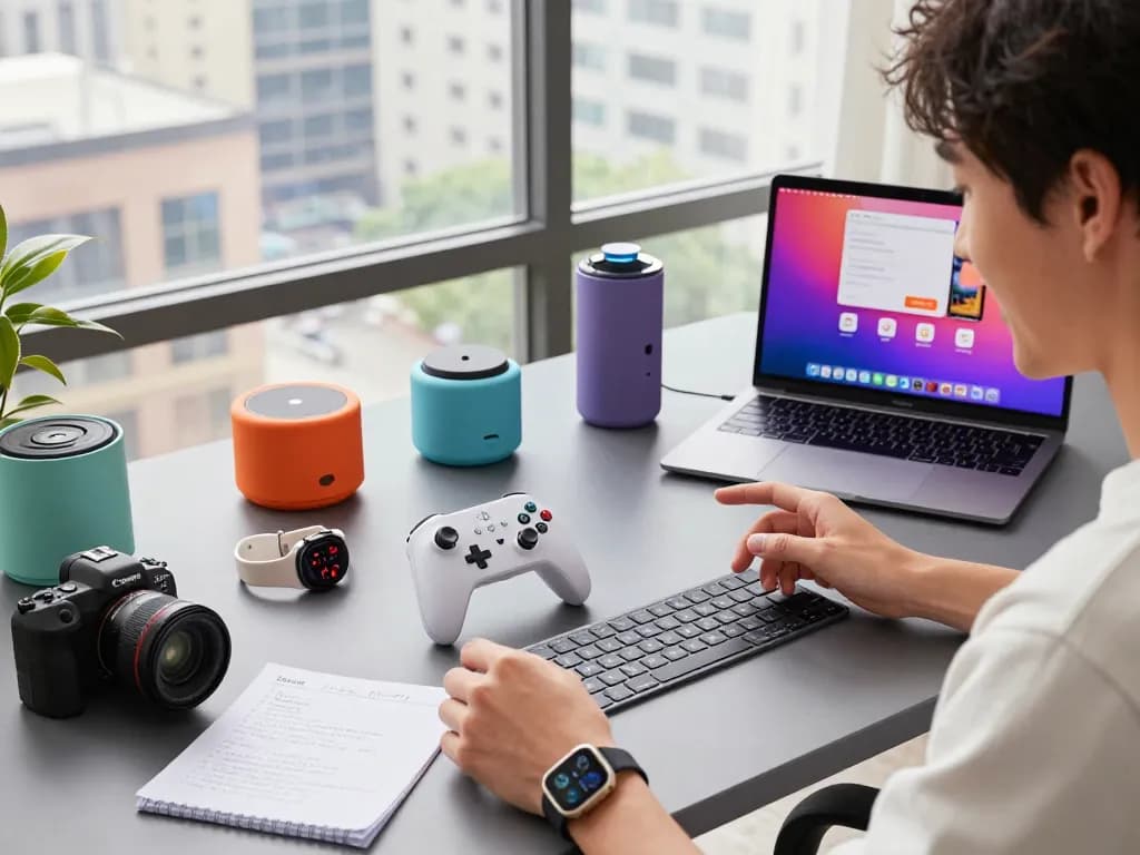 Exploring cool tech gadgets under $120 with a vibrant workspace, innovative tools, and a tech-savvy atmosphere.