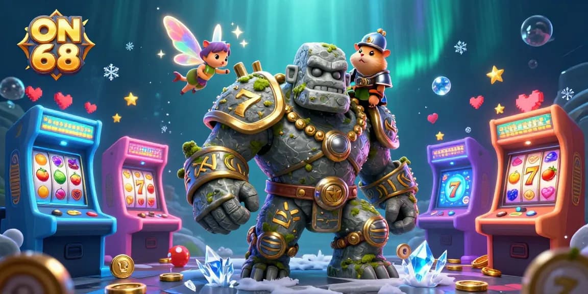 Engage in exciting slot games at ON 68 with a dynamic fantasy illustration featuring magical characters.