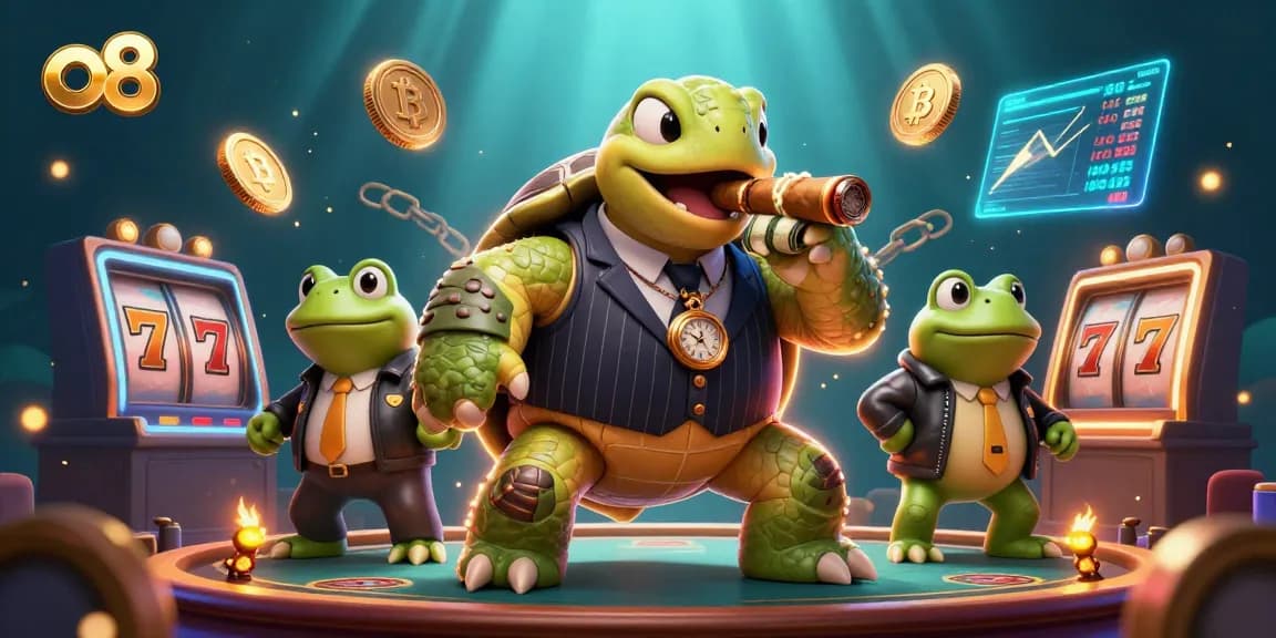 Experience thrilling casino action with o8’s vibrant 3D illustration featuring a snapping turtle and frog enforcers.