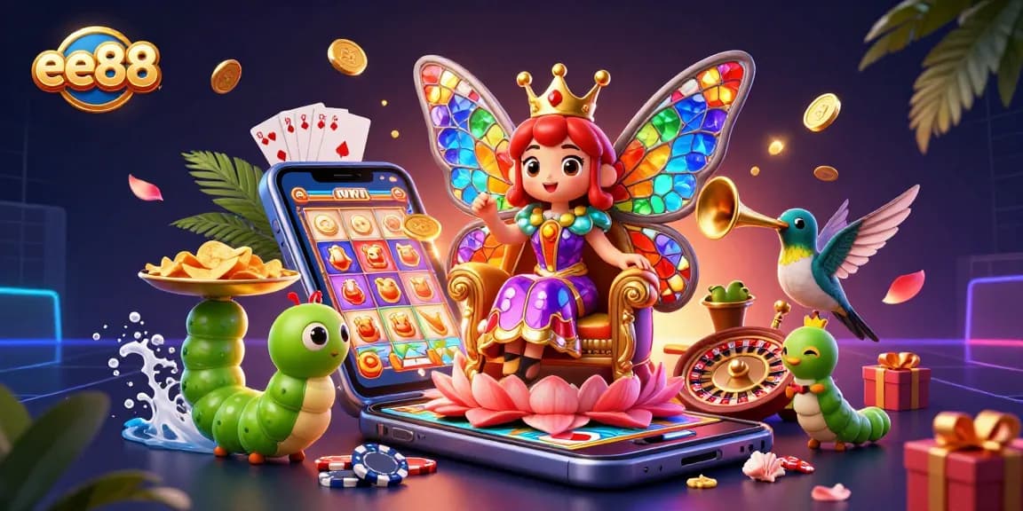 Experience the ee88 extravaganza with vibrant characters and casino games in a dazzling 3D scene.