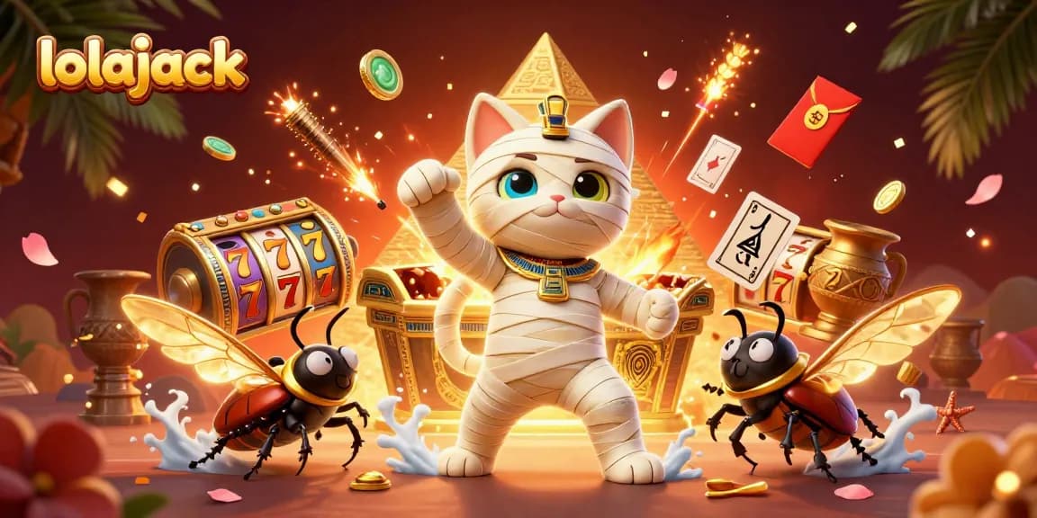 Experience the excitement of lolajack casino with a vibrant 3D illustration of a mummy cat and golden elements.