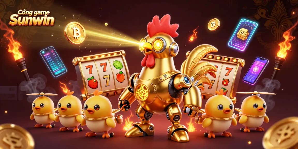 Cổng game Sunwin showcases an exciting 3D illustration of a golden rooster robot with baby chick drones amidst vibrant casino game elements.