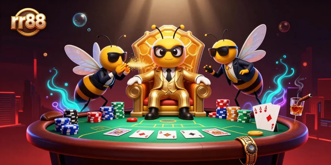 rr88 showcases a vibrant 3D casino scene with iconic game elements cascading around the cartoon mob boss, enhancing gameplay experience