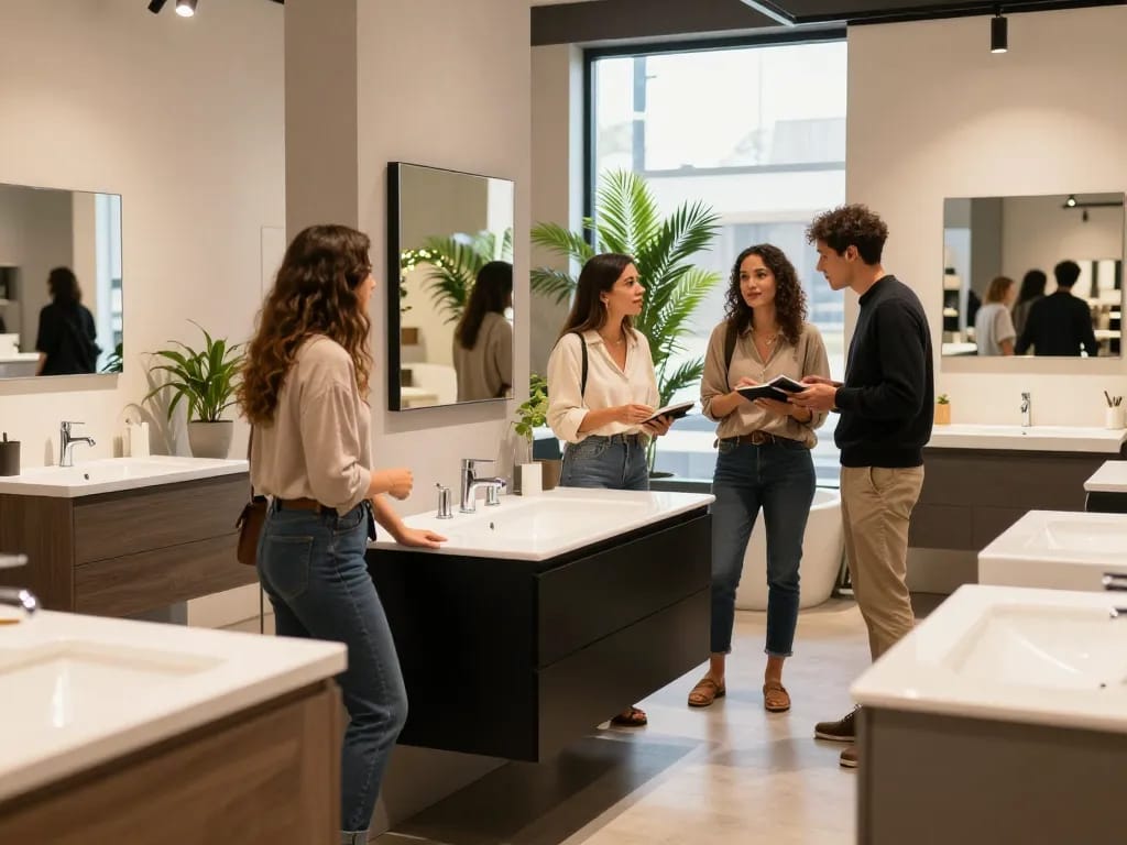 Verken stijlvolle badkamermeubels outlet met diverse klanten in een moderne showroom.