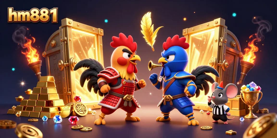 Engage in thrilling gameplay at hm88 1 with fighting roosters and dazzling treasure!