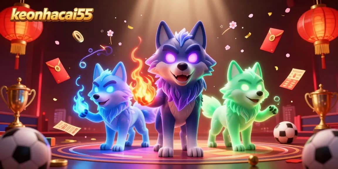Bet on victory with keonhacai55, featuring a dynamic 3D illustration of ghostly wolves and sports symbols.