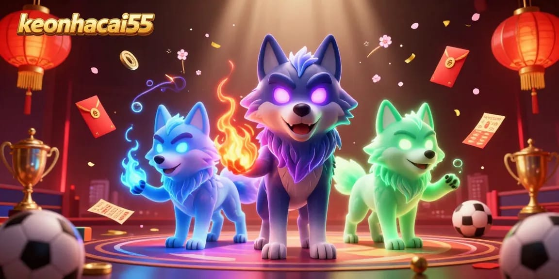 Bet on victory with keonhacai55, featuring a dynamic 3D illustration of ghostly wolves and sports symbols.