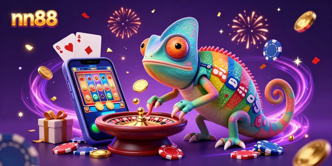 Experience thrilling wins with nn88's colorful gaming scene featuring an energetic chameleon casino owner.