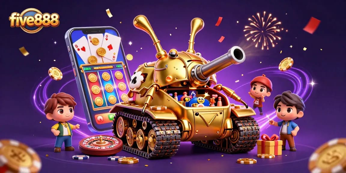 Experience the excitement of five888 as golden coins erupt from a smartphone and confetti rains down in a vibrant casino scene.