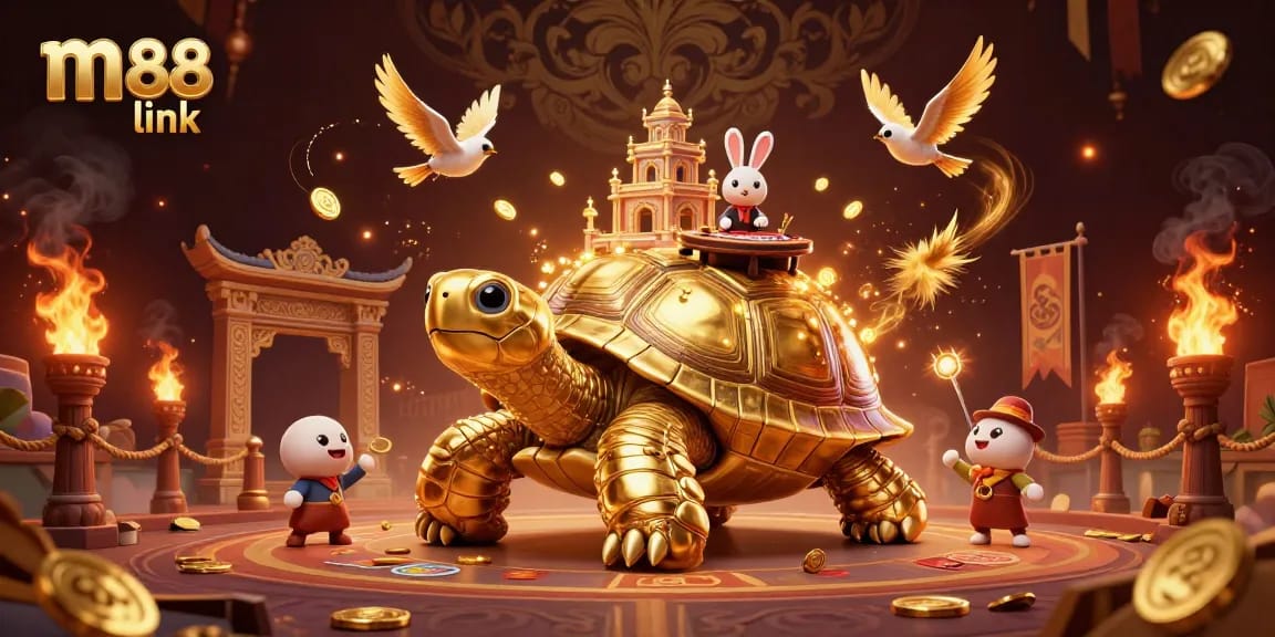 Place your bets at the vibrant m88 link with a lively casino scene featuring golden tortoise and dealer.