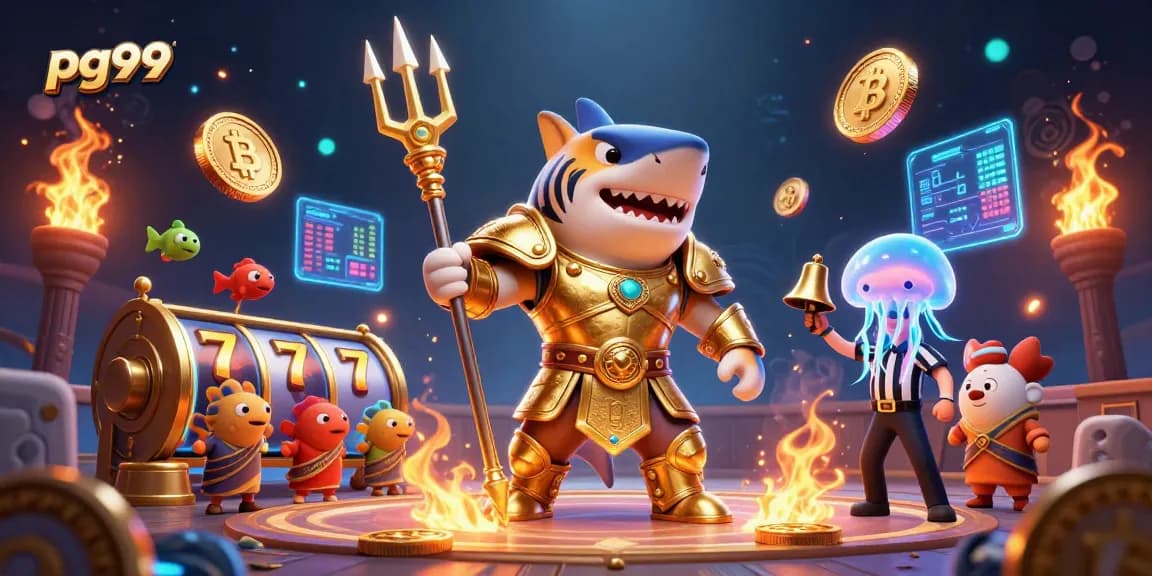 Join the action at pg99 with a vibrant underwater casino featuring a shark and neon coins.