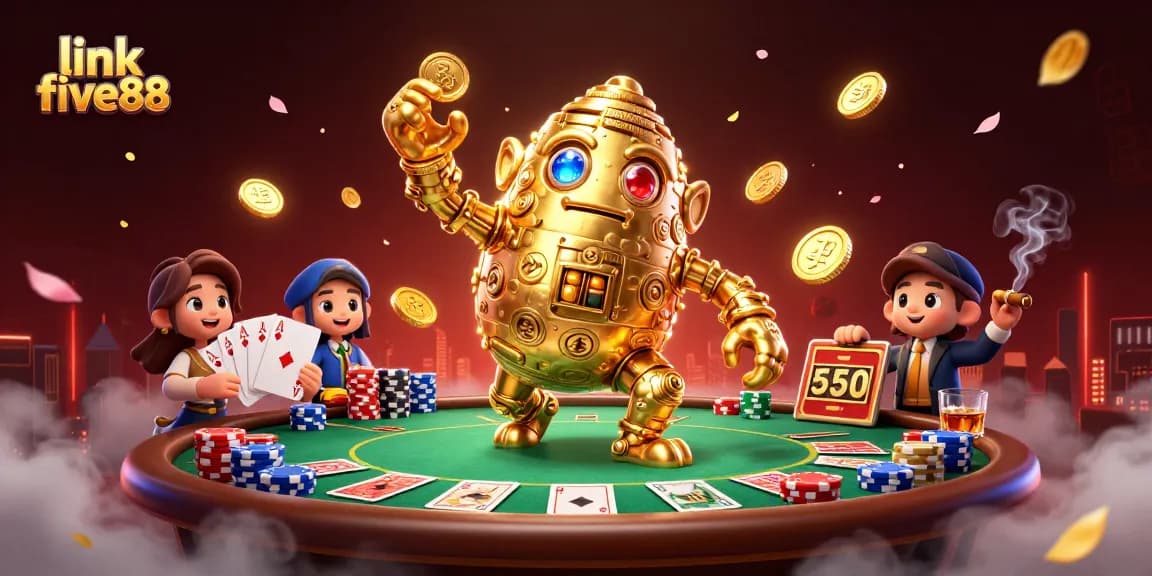 Play at link five88 with a glamorous golden golem surrounded by poker action.