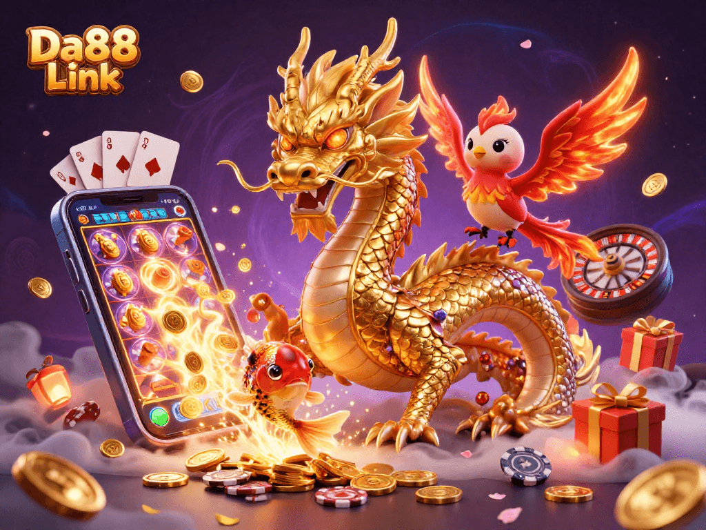 Experience Da88 Link with a vibrant 3D illustration featuring a golden dragon, phoenix, and koi fish among dynamic gaming elements.