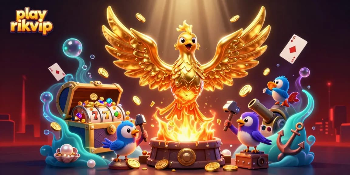 Experience the thrill of play rikvip as molten gold coins rain down from the golden phoenix in this vibrant casino scene.