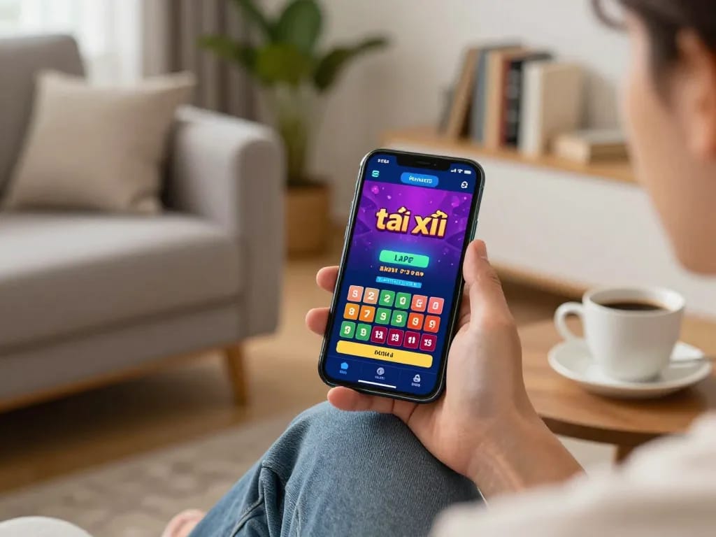 Engaging scene of a player using an app tài xỉu to bet on their favorite game, showcasing a vibrant mobile casino experience.