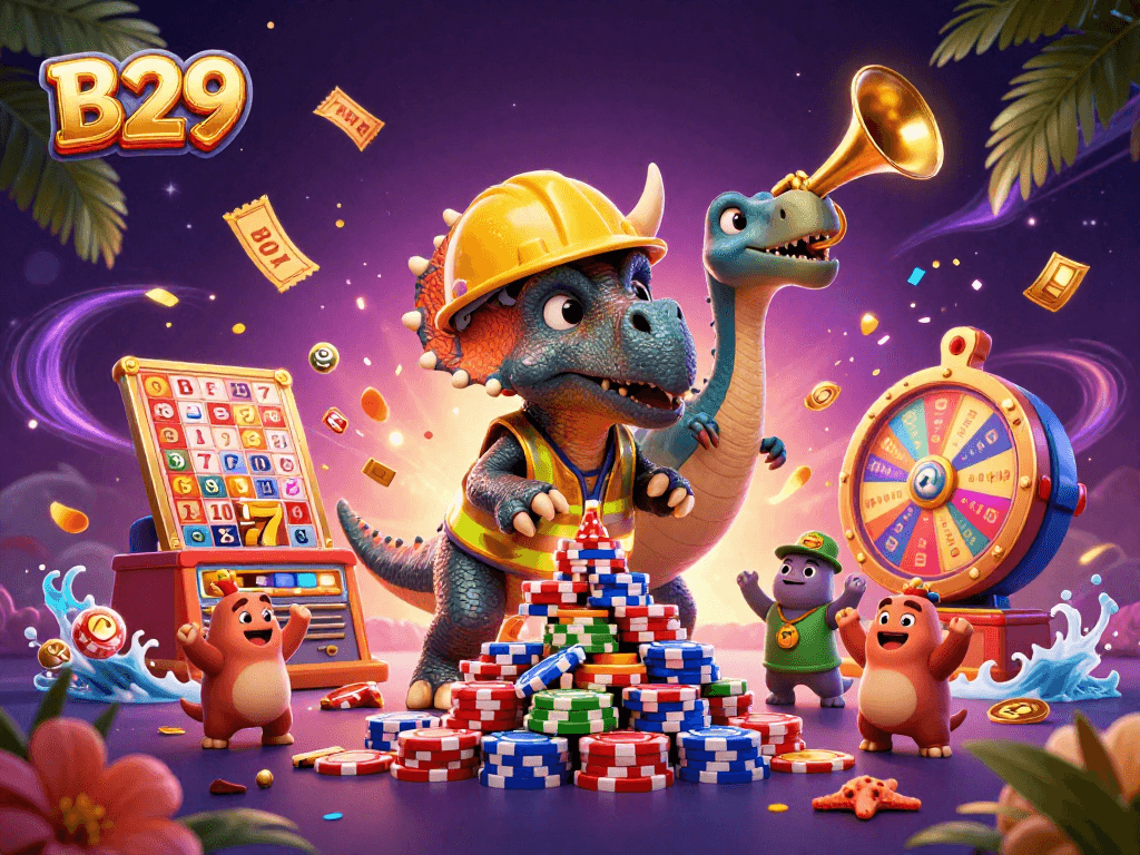 Experience fun with B29's colorful casino games as the triceratops builds a poker chip pyramid.