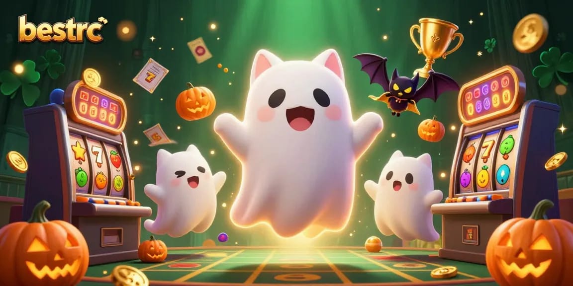 Unleash excitement with bestrc ghost cat and vampire bat in a haunted casino, glowing symbols abound!