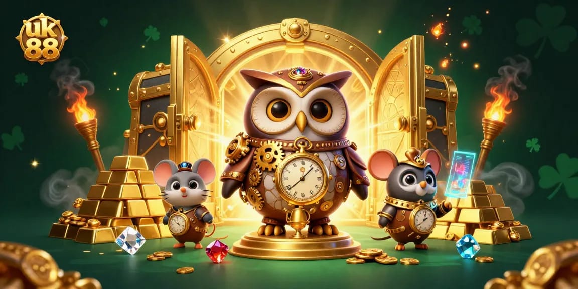 Win big with uk 88 as the steampunk owl and clockwork mouse explore a casino treasure vault.