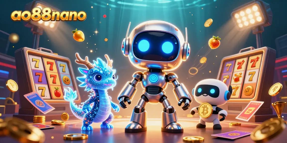 A dynamic scene showcasing ao88nano with a cyberpunk robot and a bitcoin drone amidst colorful slot elements.