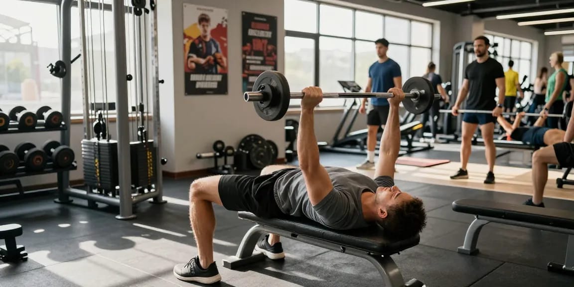 Prime Pharma Steroiden athlete training with weights in a bright gym.