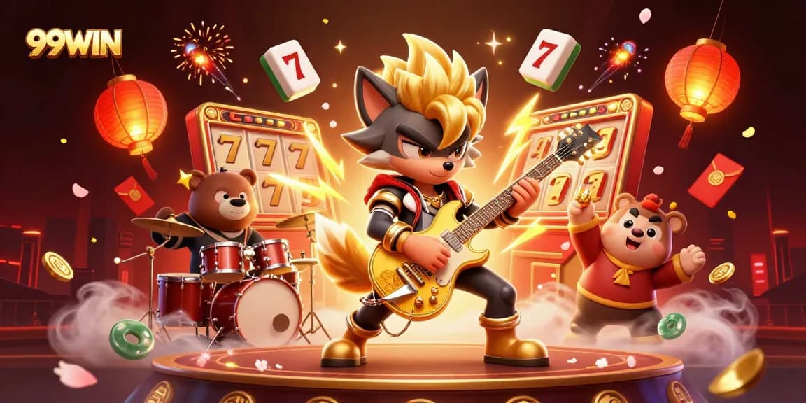 Experience the thrill of 99WIN with a vibrant casino stage scene featuring dynamic characters and slot game elements.