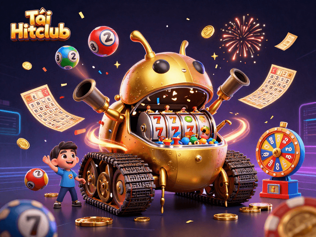 Engage in thrilling gameplay with Tải Hitclub, featuring a vibrant 3D illustration of a golden beetle tank casino.