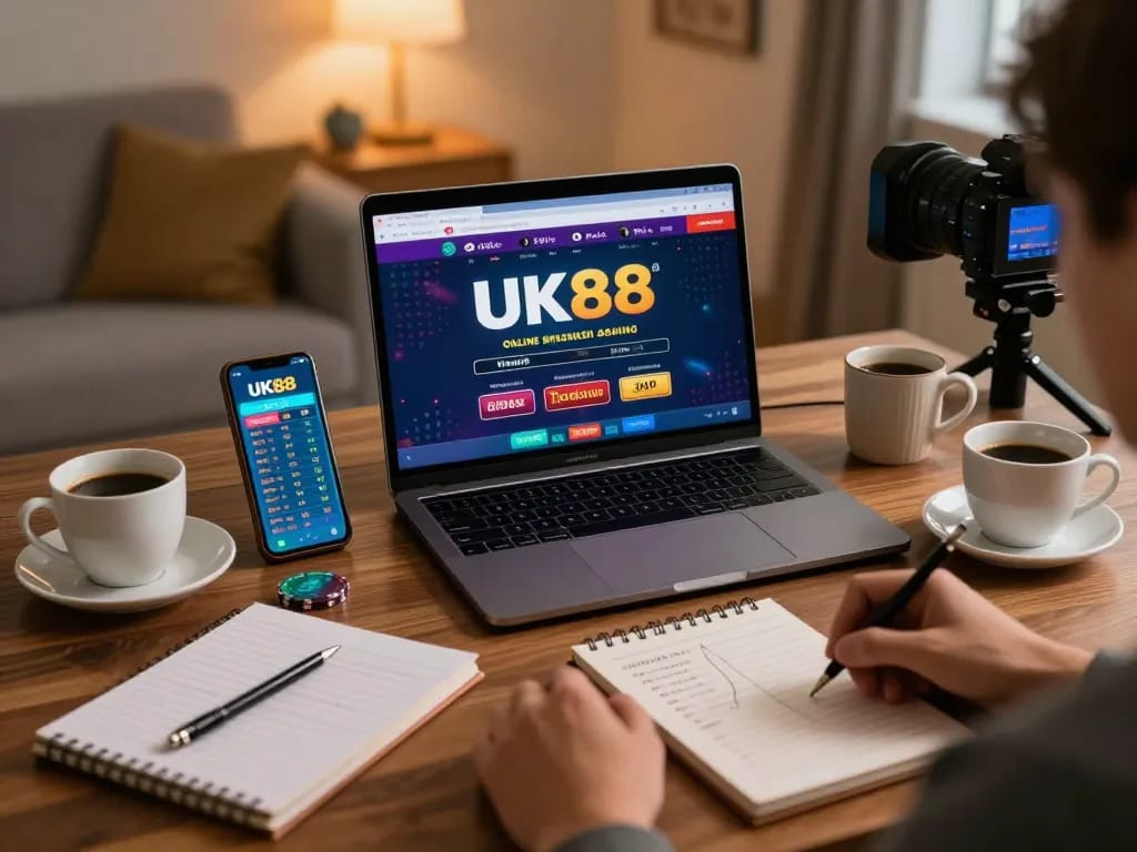 Engaging in online betting at UK88 with a laptop featuring game interface and strategic notes.
