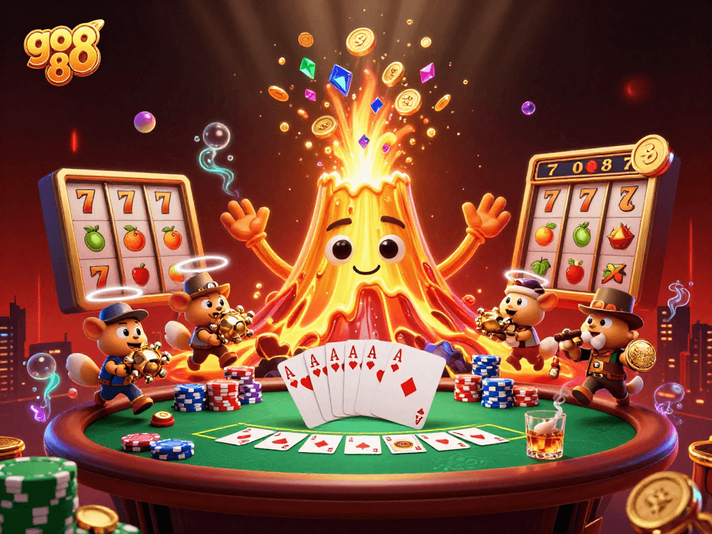 Win big with go 88 in this vibrant casino scene featuring a golden volcano and treasure.